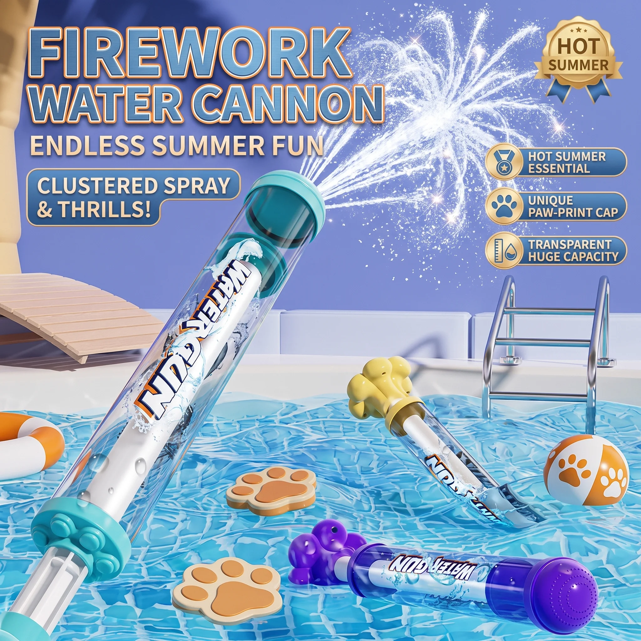 Summer Push‑Pull Firework Water Jet Gun, Multi‑Spray Water Blaster, Outdoor Pool Beach Play Toy for Water Splashing Festival Gam