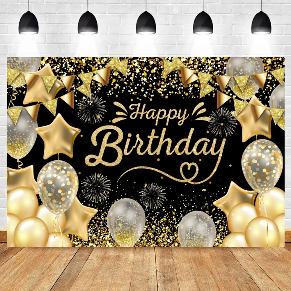 Adult Happy Birthday Party Backdrop for Photography Golden Glitter Balloons Champagne Gifts Birthday Decor Photo Background