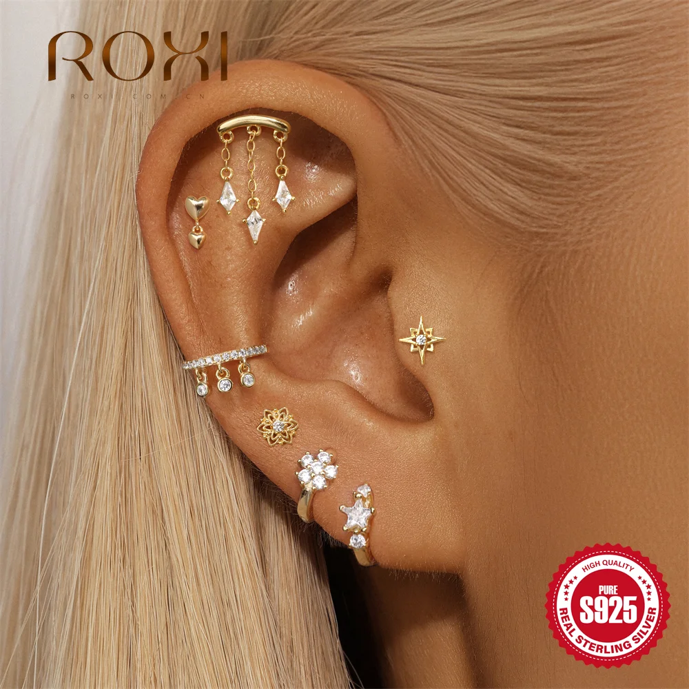 

ROXI 1Pc 925 Sterling Silver Shiny Heart Kite Stone Chain Tassel Piercing Earring For Women Ins Dainty Flat Head fine jewelry