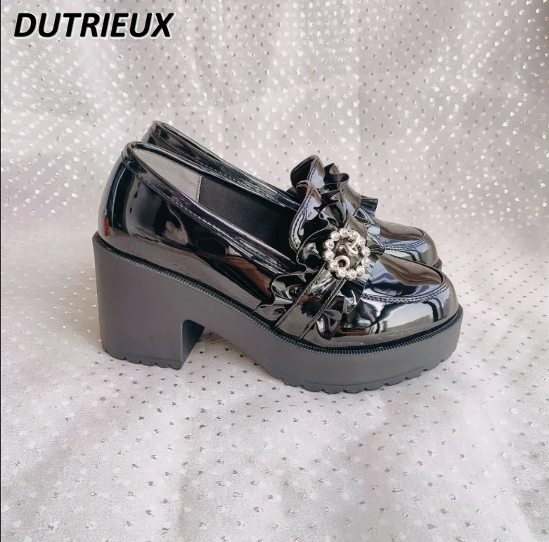 Japanese Sweet Mine Rhinestone Lace Patent Leather Shoes Women Thick Bottom Platform Waterproof Platform High Heels Lolita Pumps