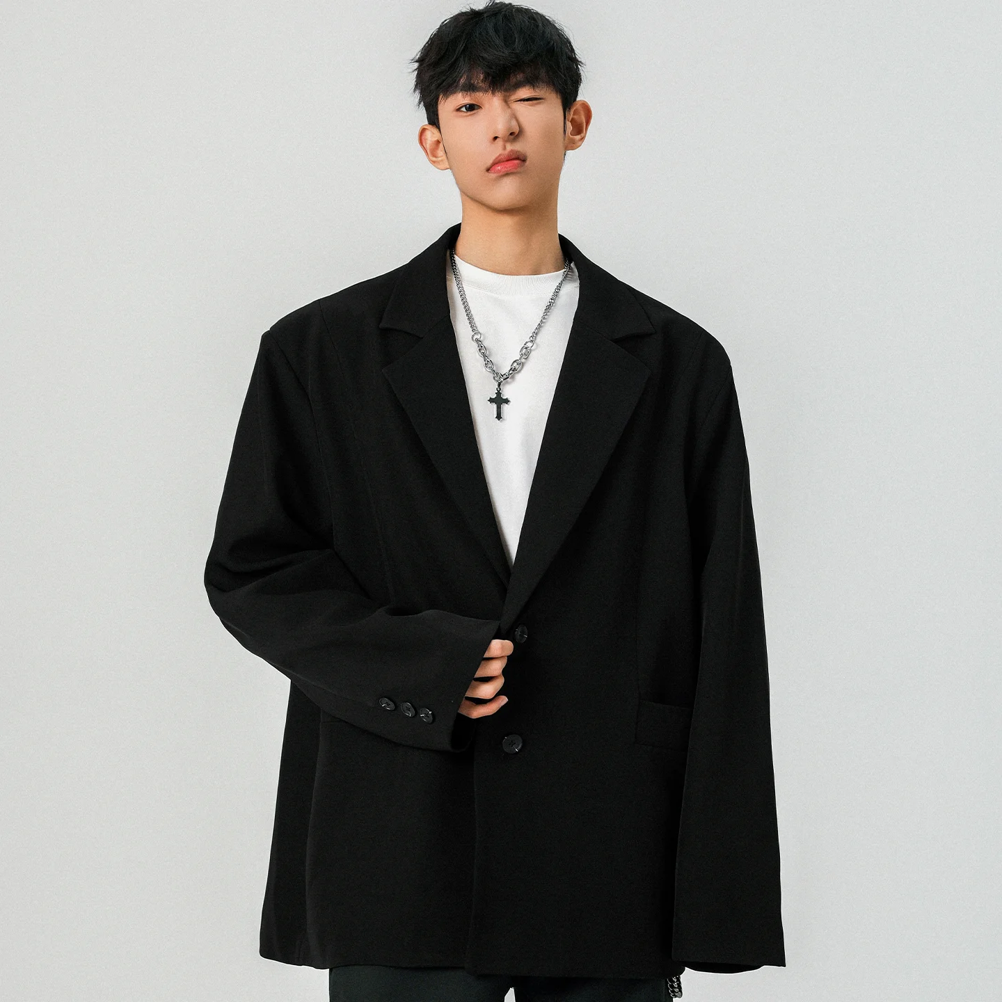 Mens Oversized Blazer Jacket Korean Streetwear Loose Fit Casual Suit Coat City Boy Spliced Outerwear Y2K Baggy Clothes K-Fashion