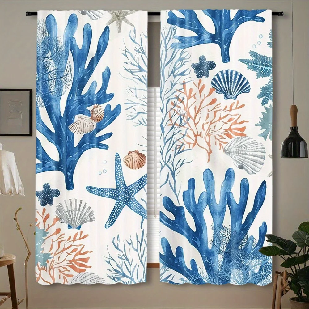 Ocean Coral Shell Starfish Curtain 2 Panels, Blue Orange Coral Seashell Starfish White Base Print, Drapes for Bedroom Curtain