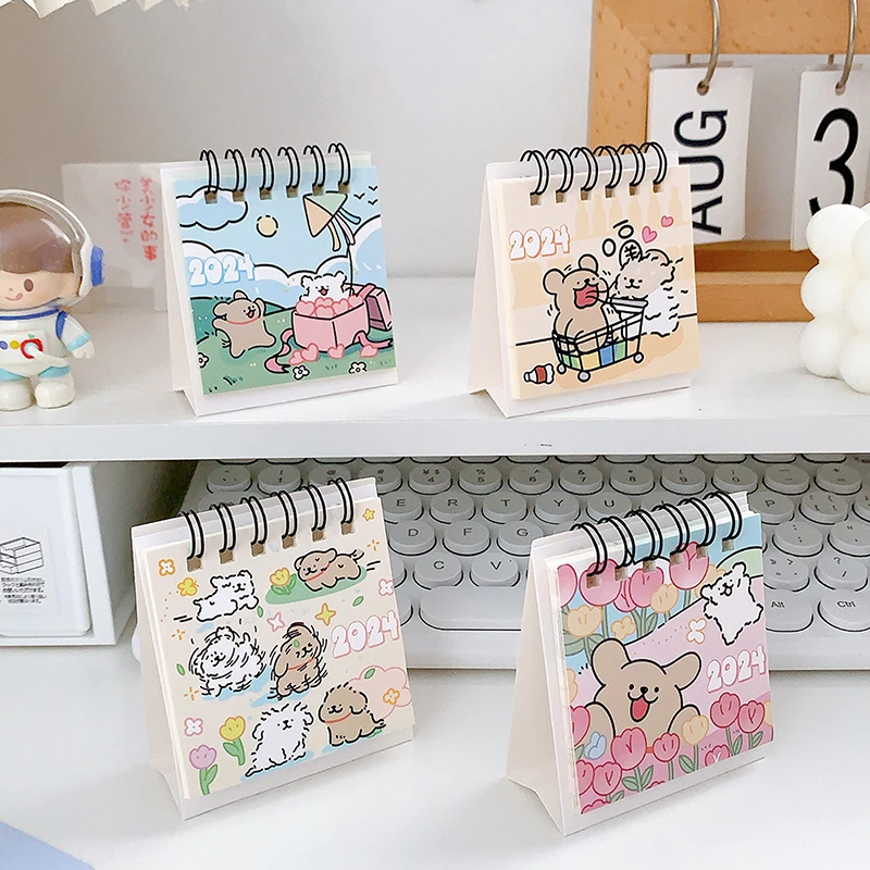 2024 Mini Kalender Schattige Cartoon Puppy Serie Tafelkalender Kleine Draagbare Desktop Kalender Kawaii Kantoor Student Benodigdheden