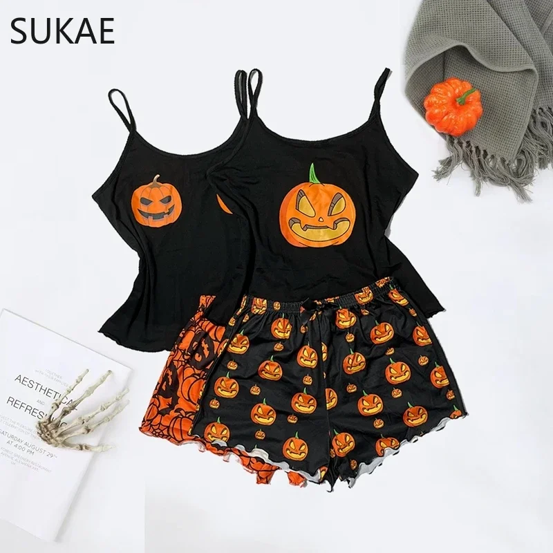 SUKAE HOT Halloween 2PCS Set Cute Prumpkin Party Nightie Spaghetti Strap Pajama Women Tank Top Shorts Lingerie Sleeveless Pijama