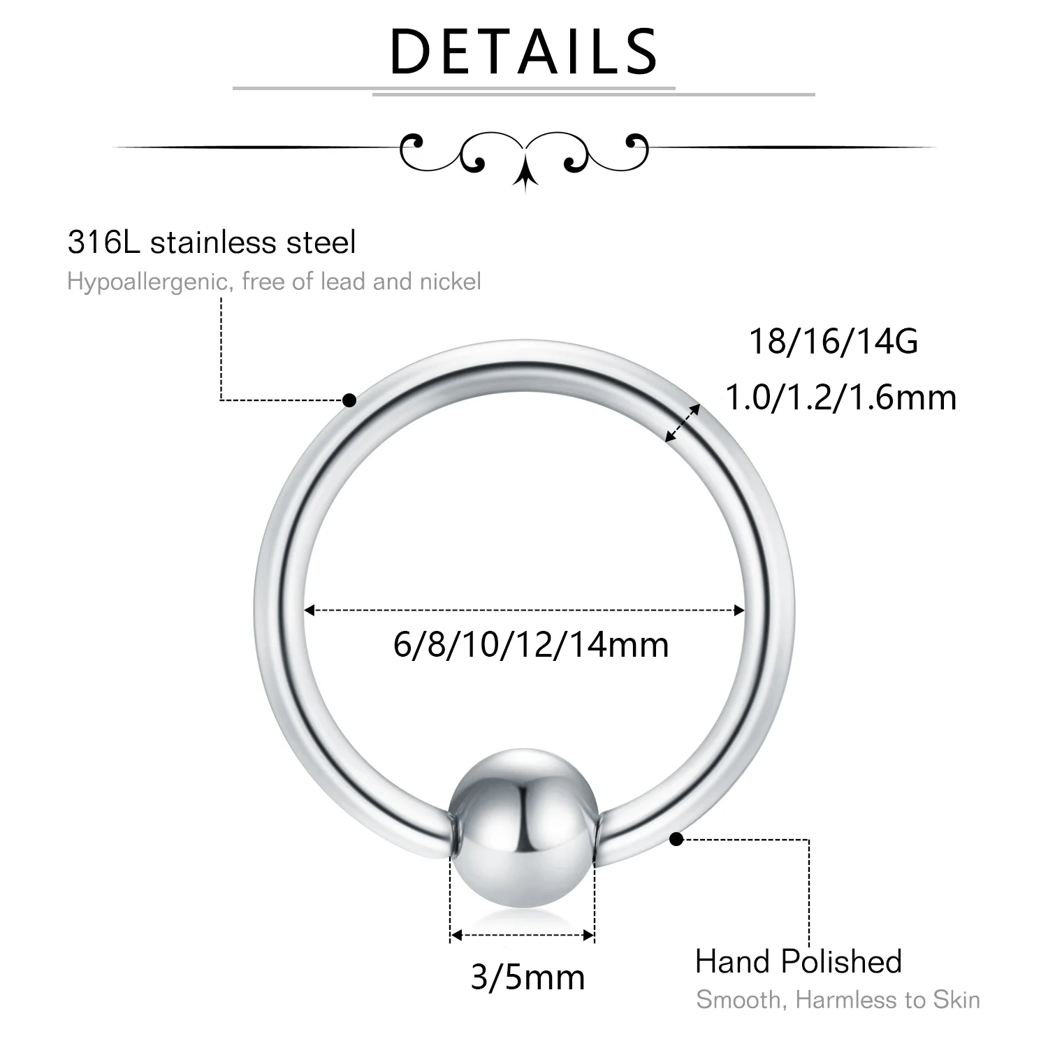 14G 16G 18G Surgical Steel Multi Size Captive Bead Lip Rings BCR Nipple Eyebrow Tragus Ear Hoop Earrings Body Piercing Jewelry