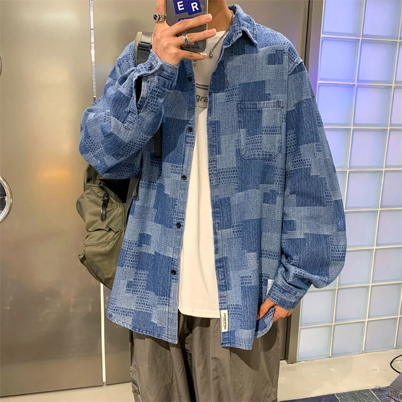 

Plaid Denim Shirt Coat Men's Long Sleeve Fat Oversize Design Small Casual Coat Port Style Shirt