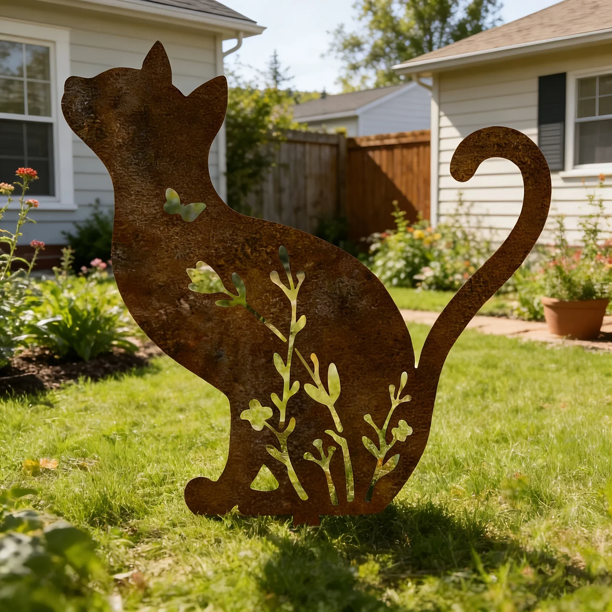 [2D Flat] Rustic Metal Cat Garden Stake Floral Hollow Cutout Outdoor Ground Spike Rusty Decor for Lawn Patio Yard Garden