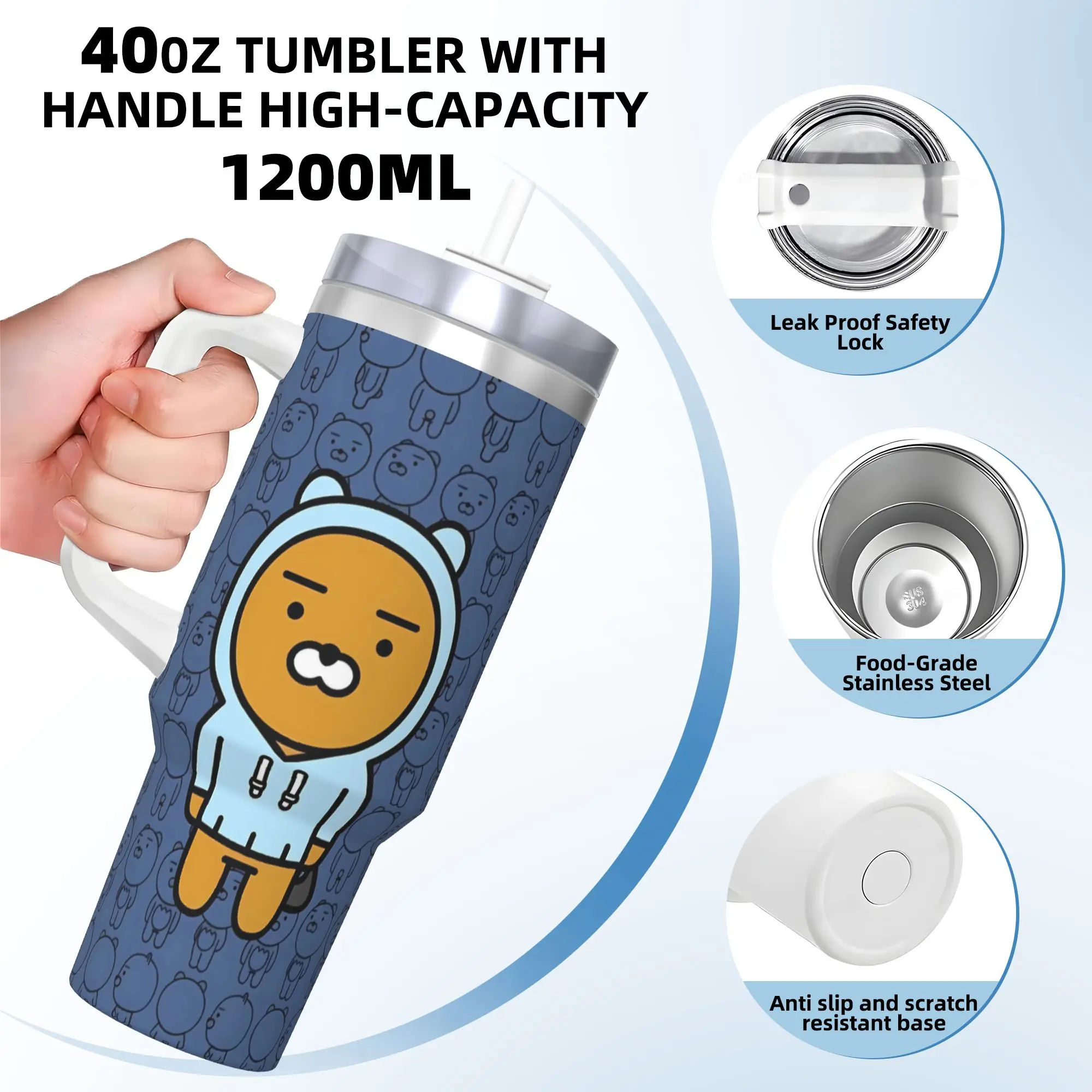 كوب حراري للتخييم من الفولاذ المقاوم للصدأ من K-Kakaos F-Friends مع شفاطات وغطاء زجاجة مياه باردة وساخنة بسعة كبيرة