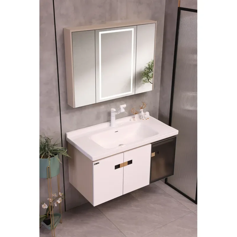 Modern Multi-Layer Solid Wood Bathroom Cabinet LED Smart Mirror Medicine Cabinet Dressing Table Combination for Apartment Use