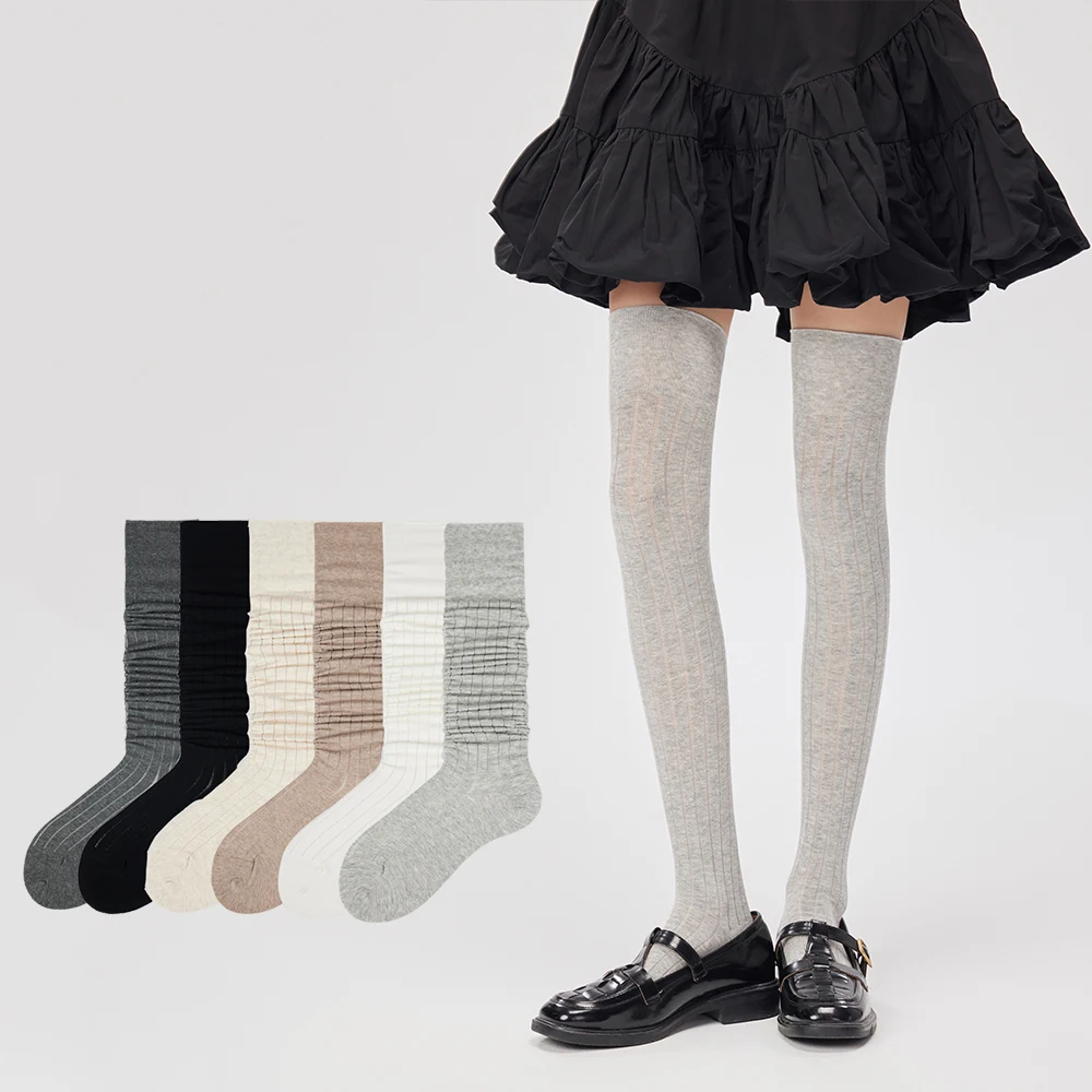 

New Spring/Summer Women's Tall Socks Solid Color Cotton Thin Vertical Stripe Appear Thin Over Knee Socks Sunscreen Long Stocking