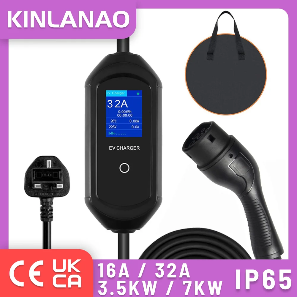 

KINLANAO Portable EV Charger Type2 IEC62196 16A 5M EVSE Charging Cable Plug Controller Wallbox for Electric Car