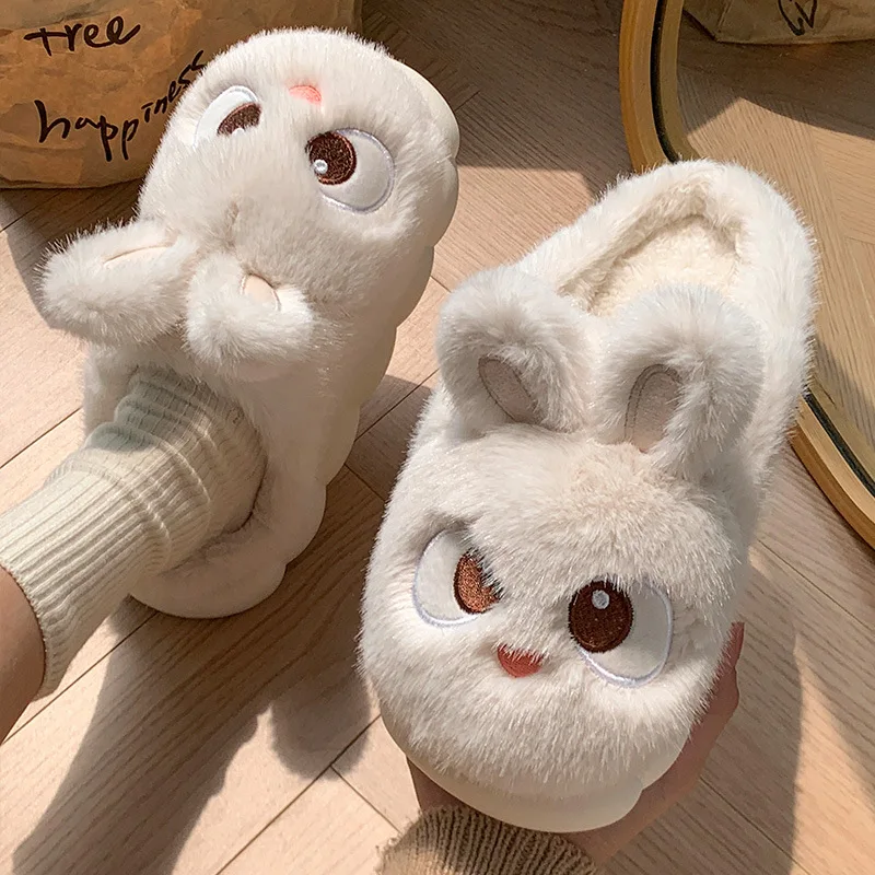 Cute Cartoon Rabbit Cotton Slippers For Women Winter House Shoes Warm Plush Thick Sole Anti-slip Female Home Floor Fluffy Slides view 4