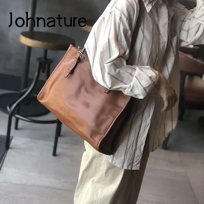 Johnature Genuine Leather Tote Bag Women Autumn Winter 2024 New Fashion Large Capacity Commuter Real Cowhide Shoulder Bags