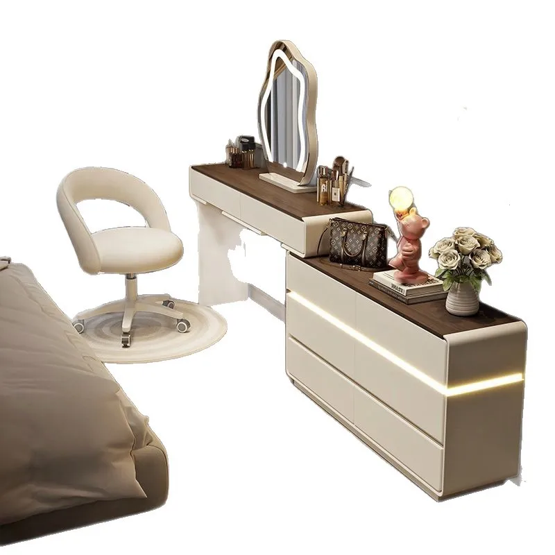 Bedroom Modern Simple Cream Style Solid Wood Makeup Table Bucket Cabinet Integrated Light Luxury Rock Panel Dresser