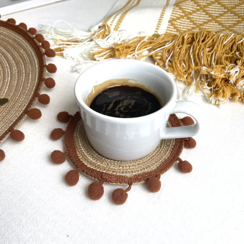 Boho Round Placemat, Woven Jute Fringe Table Mats, Pompom Tassel Place Mat, Dining Room, Kitchen Decor, Tribal Folk, 13cm