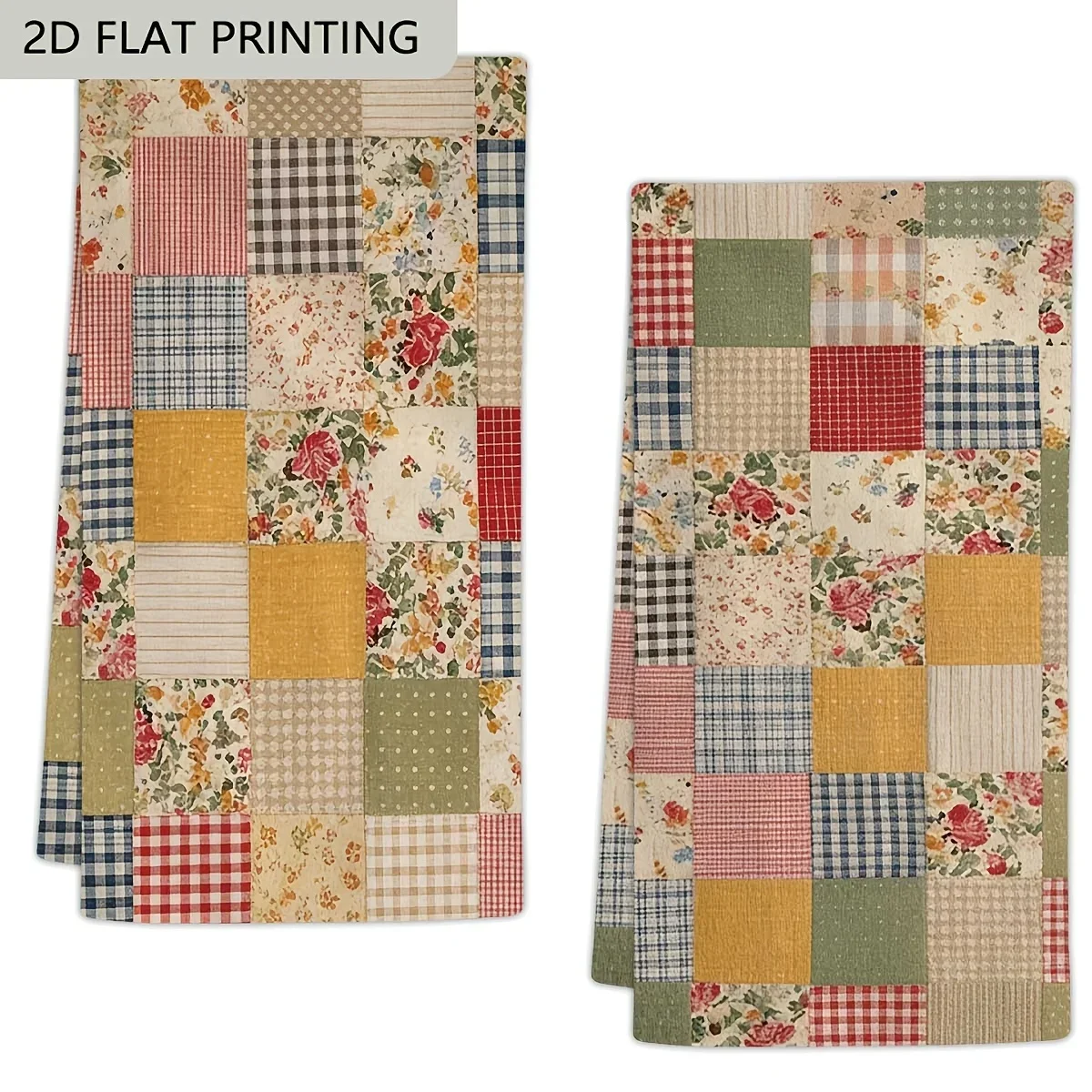 2 kitchen towels with patchwork quilt design, ideal for decorating modern farmhouse style kitchens and bathrooms
