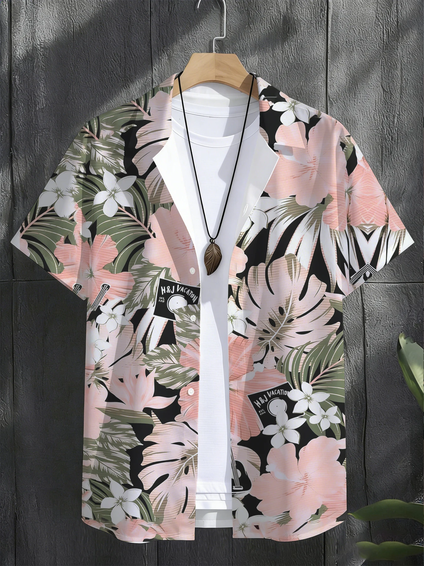 

Men's Premium Tropical Floral & Vinyl Print Short Sleeve Shirt, Camp Collar Button Down, Elevated Beach & Vacation Wear