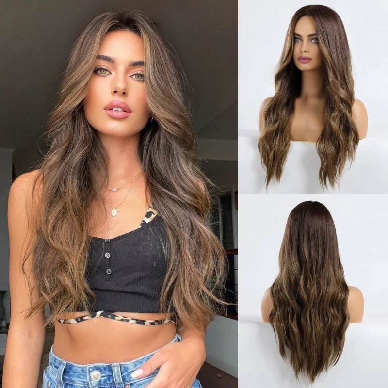 

Brown Wigs for Women Middle Part Long Curly Wig Heat Resistant Natural Synthetic