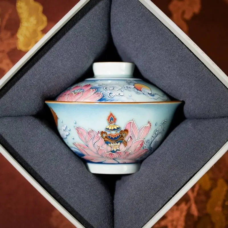Xunzhen Tang Original Design /Blue White Porcelain With Gold Silver Inlay, Gemstone, And Carp King Series Ceramic Gaiwan Tea