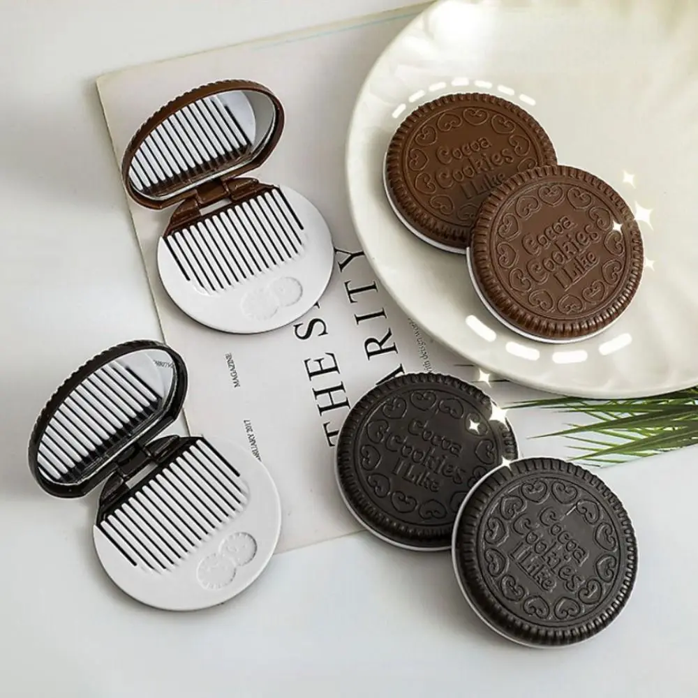 Portable Chocolate Sandwich Cookies Makeup Mirror with Comb Folding Cosmetic Mirror HD Glass Vanity Mirror