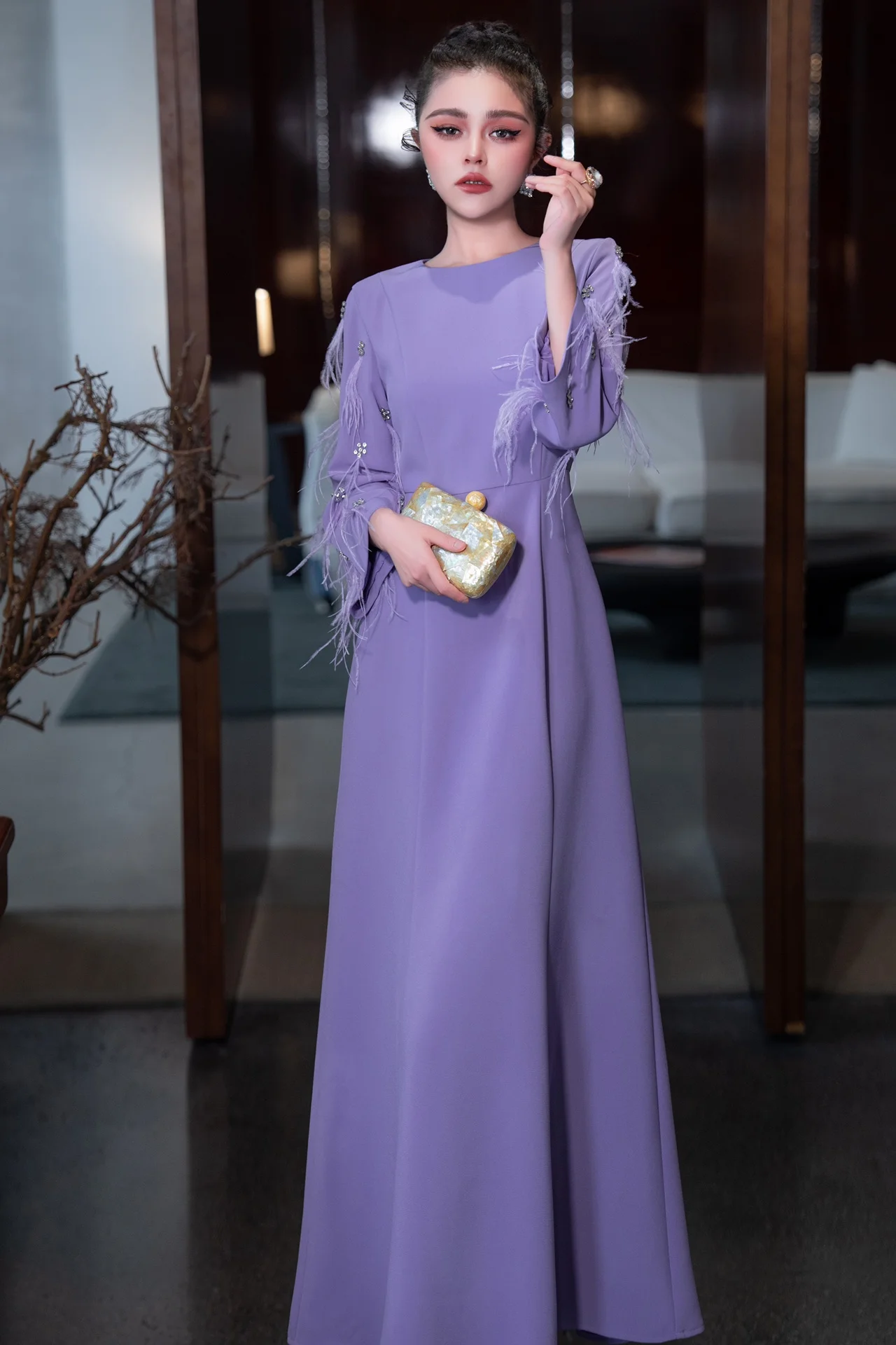 ZJYT Elegant Women\'s Long Evening Party Dresses 2025 Spring Designer Feathers Beading Maxi Purple Dress Female Vestidos Robe