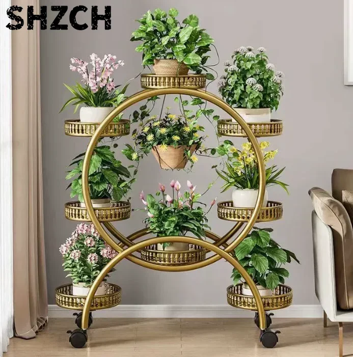 Balcony Living Room Flower Stand, Wrought Iron Multi-layer Pulley Model, Floor-to-ceiling 8-layer Reinforced Green Dill Stand