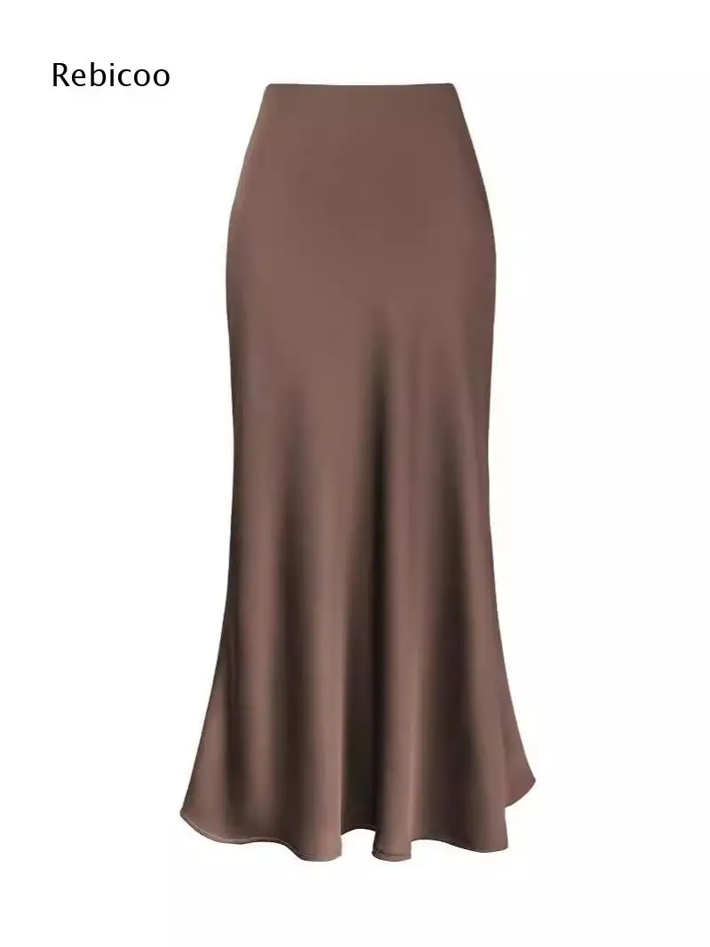 High Waist Mermaid Style Midi Skirt Ladies Glossy Smooth Fabric Flared Swing Hem Elegant Long Skirt For Office And Casual Wear