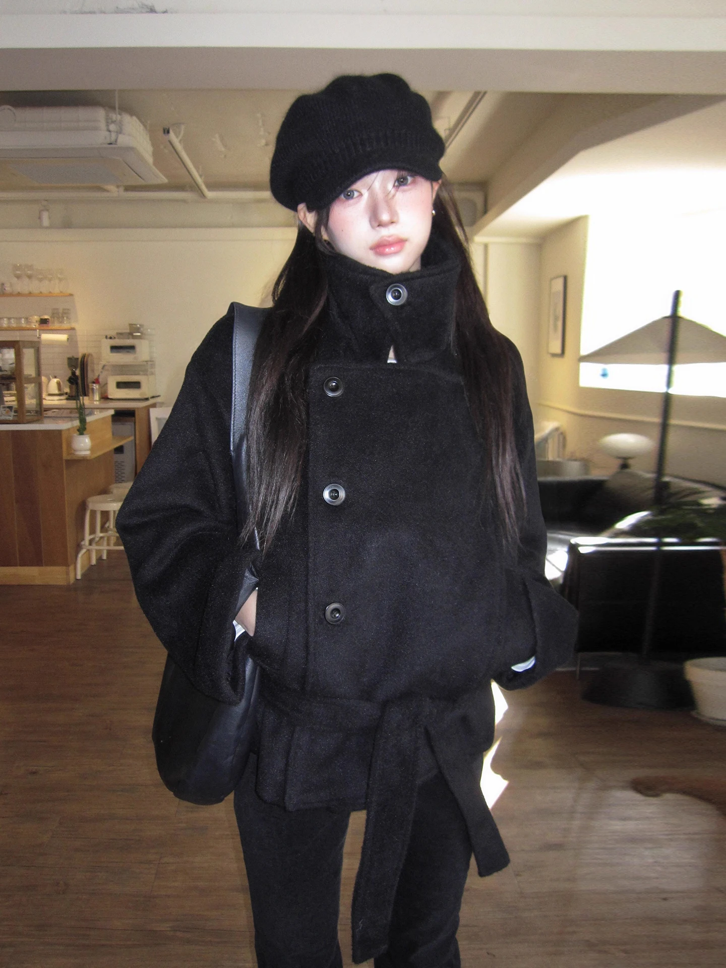 

Ele шерстяное пальто на хлопковой подкладке, женское модное зимнее новое утягивающее теплое трикотажное пальто с поясом, топ Long Sve