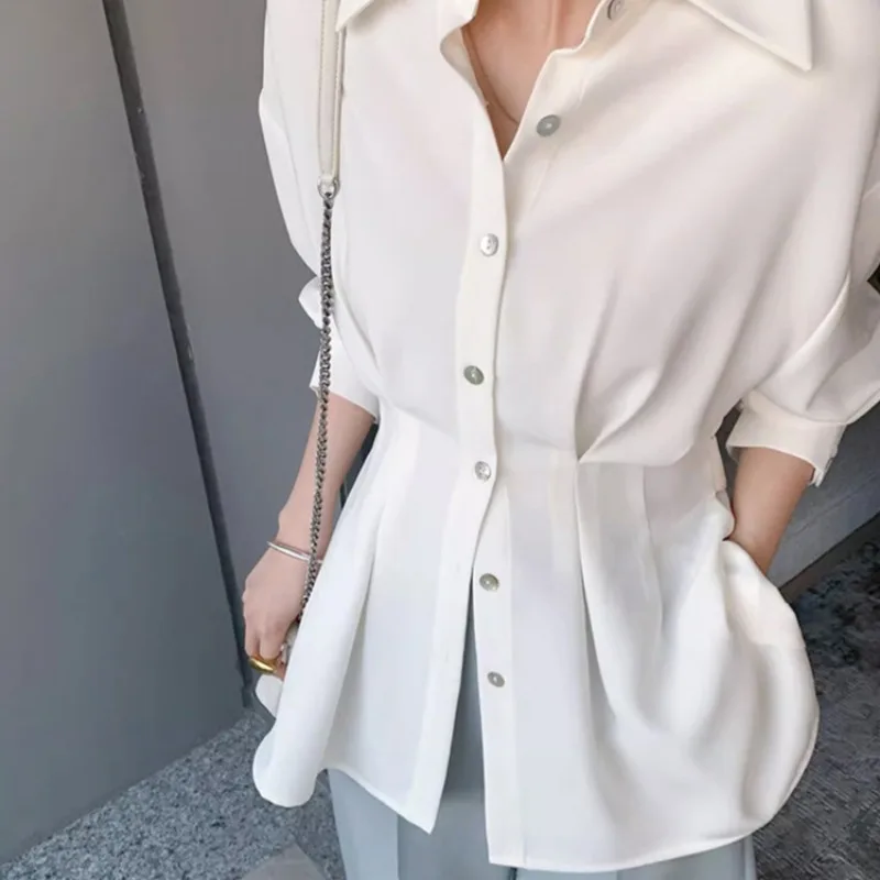 Blouses Women Chiffon Shirts Long Sleeve Shirring Design Spring Summer All-match Elegant Graceful Chic Defined Waist Mature Lady