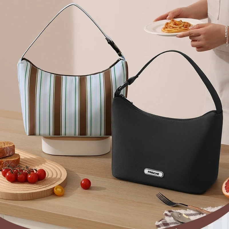 Striped Insulated Lunch Tote Bag for Women, Large Capacity Thermal Bento Box Cooler, Portable Handheld Food Storage Handbag