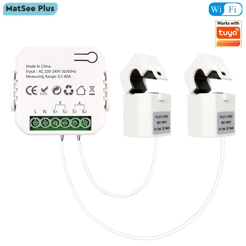 

WIFI Bidirectional Energy Meter, 2 Channels, Clamp Current Sensor Smart App Monitor, Power 80A, 110V, 240V, 50Hz, 60Hz