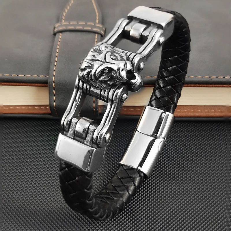 MingAo Stainless Steel Lion Accessories Men's Leather Bracelet Luxury Design Style Black Leather Magnet Buckle Christmas Gift