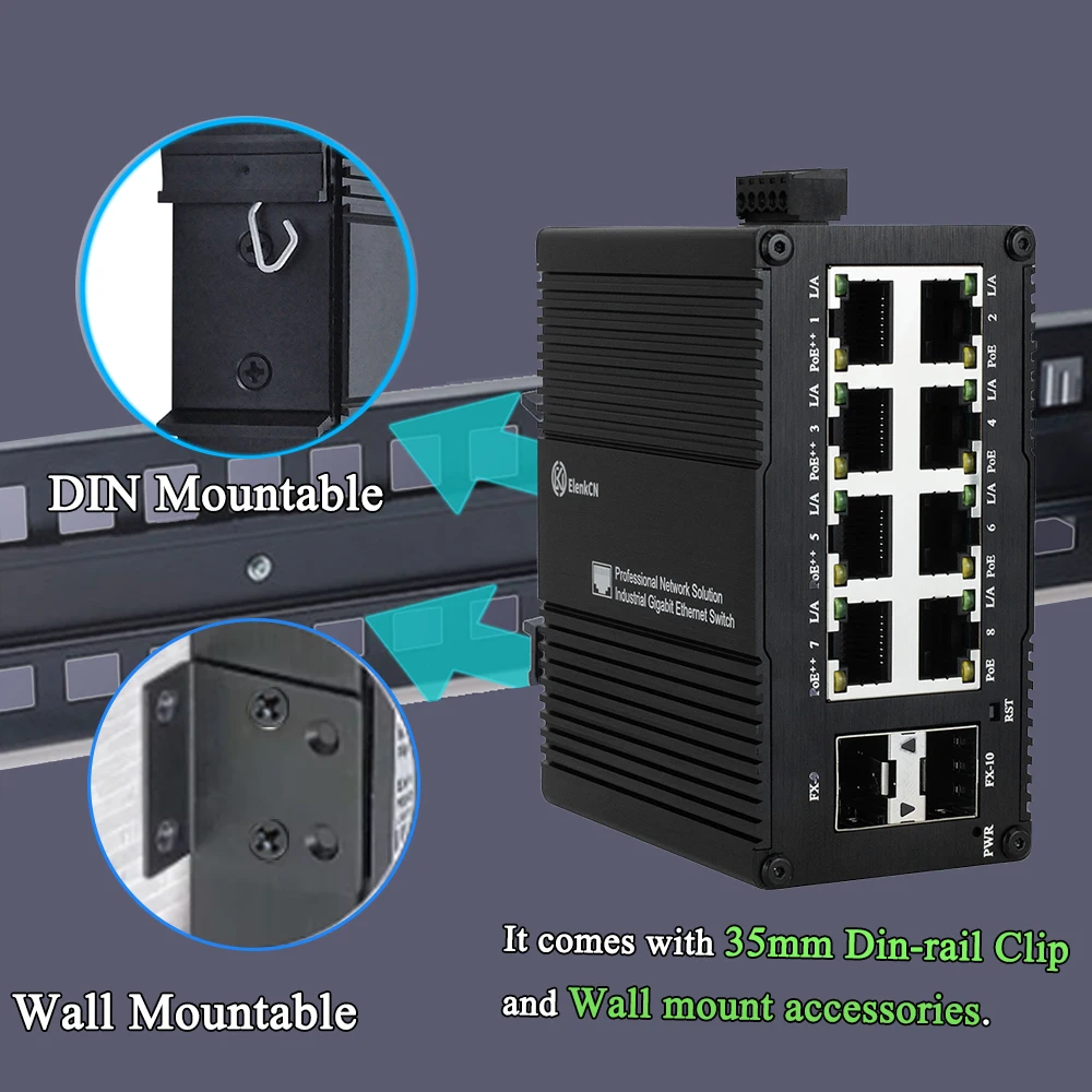 محول جيجابت إيثرنت ذو 8 منافذ من Industria مع مفتاح ألياف SFP، IEE802.3af/at/bt DIN (PoE)، 10/100/1000 ميجابت في الثانية 8 GE+2 SFP