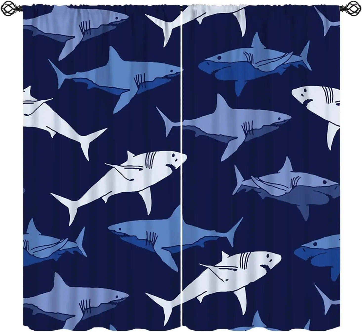 Kids Sea Window Curtains, Shark Fish Ocean Animal Navy Blue Room Darkening Rod Pocket Windows Treatments for Boys Girls Toddler