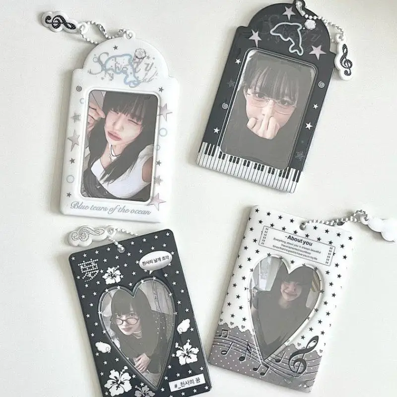 Black White Card Holder 3Inch Y2K Musical Note Pendant Photocard Holder Student ID Badge Holder Bus Card Protective Photo Sleeve