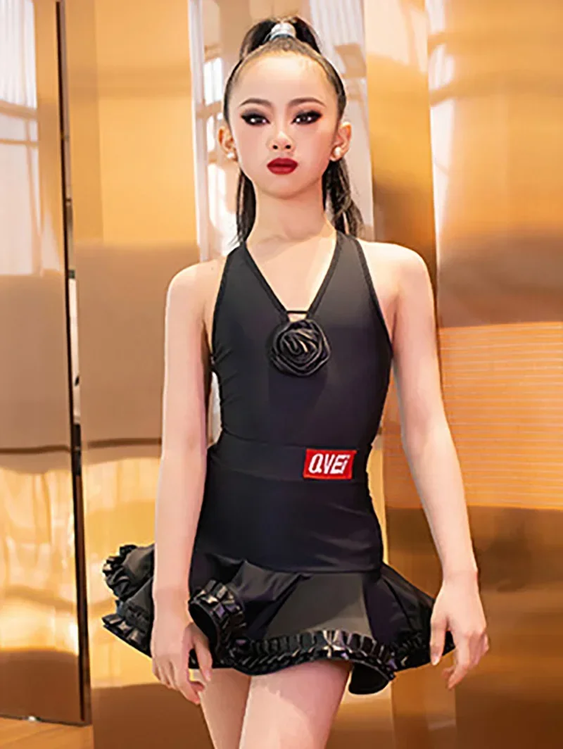 Kinderen Meisjes Latin Danskostuums Backless 3D Bloem Body en Big Swing Rokken Prestaties Competitie Danskleding voor kinderen