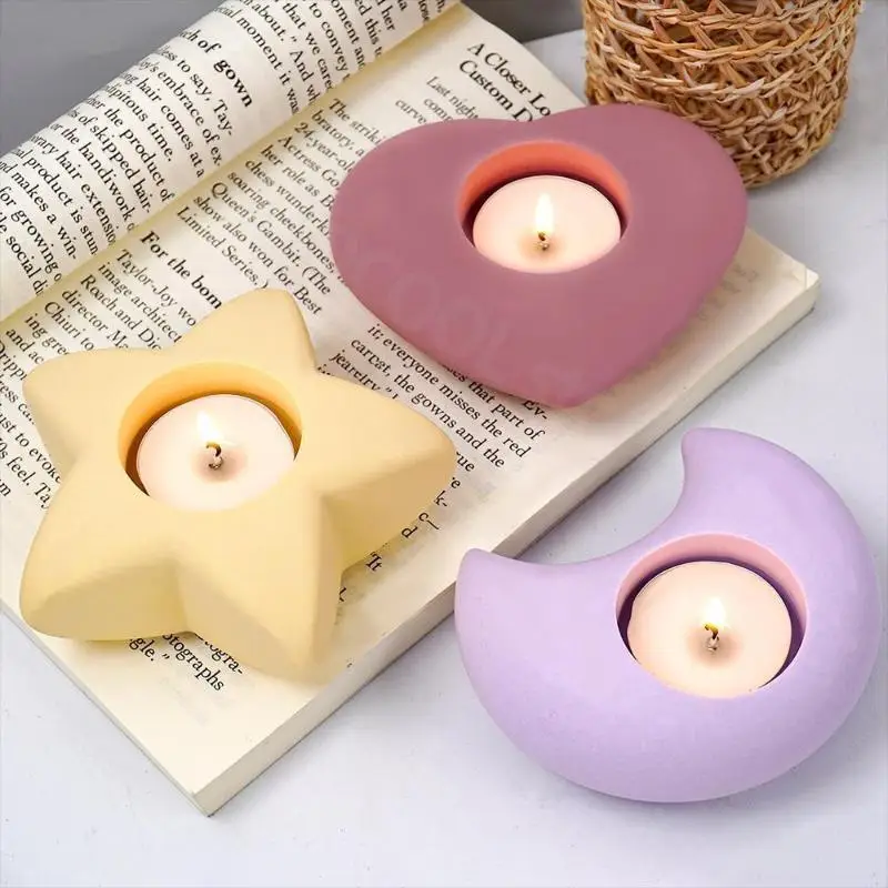Kreative 3D Kerzenständer Beton Silikonform Stern Mond Herzform Kerzenhalter Ornamente Zement Gips Harz Handwerk Form