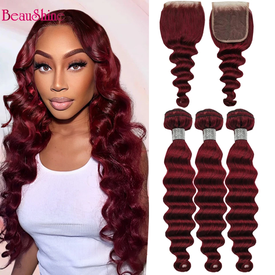 Loose Deep Wave Human Hair  Bundles with 4x4 Closure 99j Burgundy Colored Bundles with closure Reddish Brown Colored Human Hair