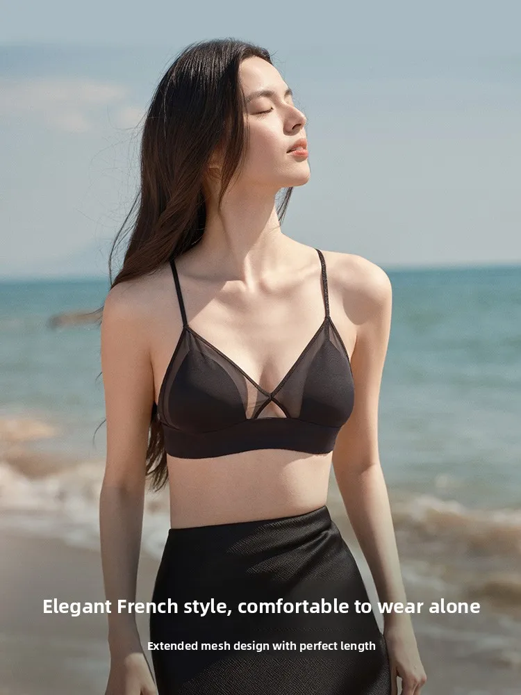 Ubras Sexy Backless Mesh Bralette  Cup Wireless Underwear Fixed Strap Deep V Neckline Suitable for Outdoor Wear
