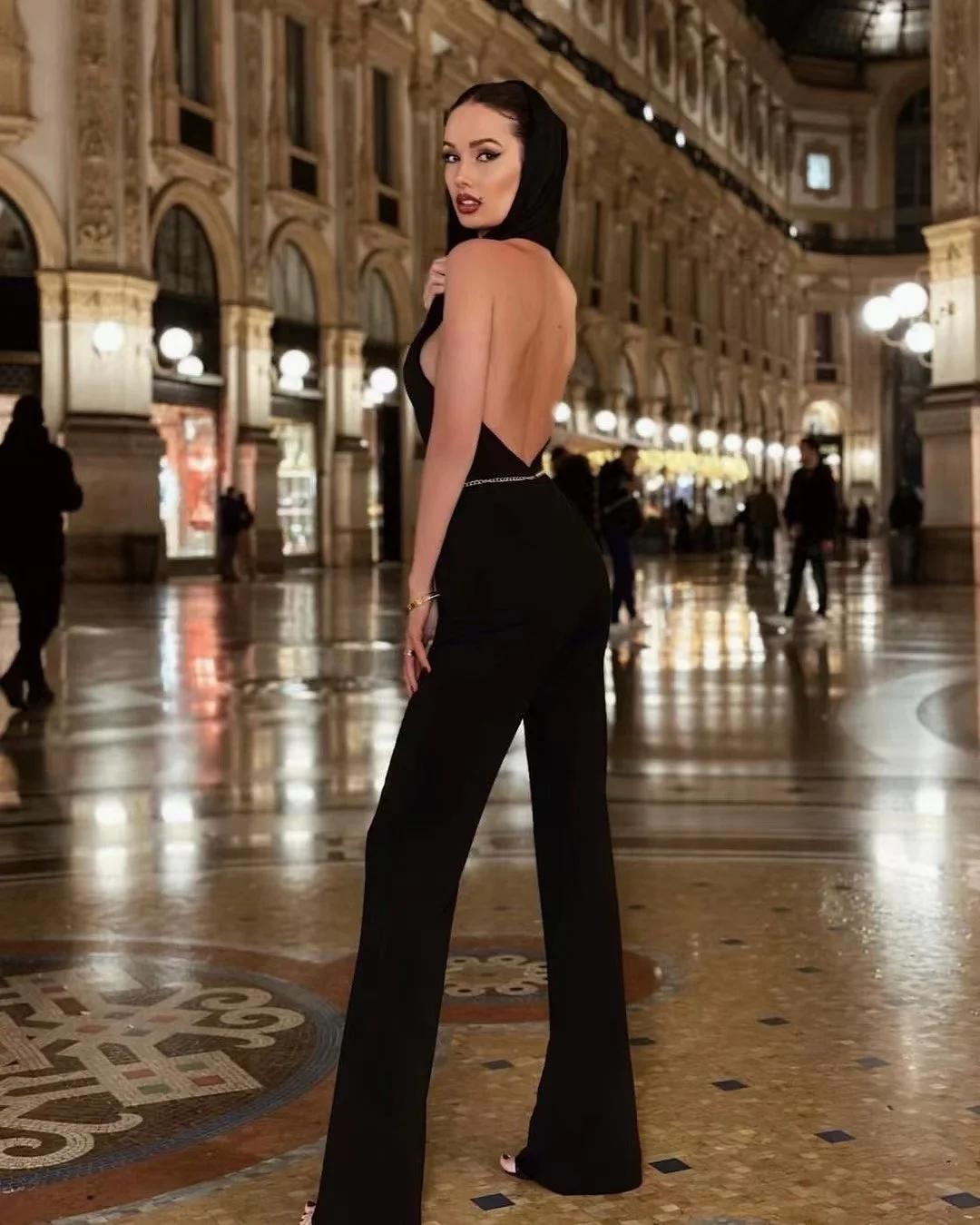 Women Halter Sexy Backless Black Bodycon Jumpsuit Pencil Skinny Rompers Sleeveless Celebrity Evening Runway Club Jumpsuit