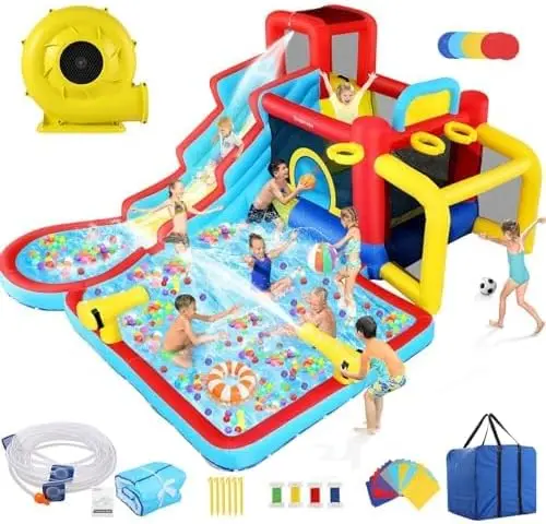 

Inflatable Water Slide Bounce House 13 in 1 Waterfall Waves Mega Water Slides Park |Water Bounce House,Splash & Blast Bouncer,Ba