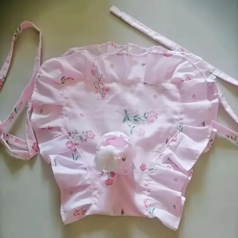 Handmade Men Cotton Pink Floral Print Briefs Ruffle Soft Comfortable Breathable Lace-Up Cross-dressing Lingerie Party Underpants