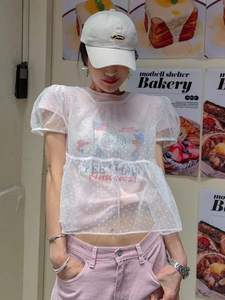 

Новый летний свободный женский топ в горошек irt Design Sense, прозрачная многослойная одежда, кружевной топ, средний мягкий топ