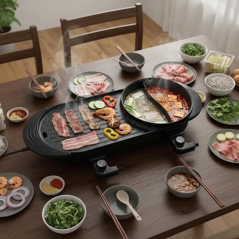 Indoor Griddle Combo 21.3in For Home Party Family Gathering Kitchen Cooking, 2200W Dual Temperature Control Separate Heating Non-stick Surface 1-6 Person Capacity Korean BBQ Shabu Shabu Cookware