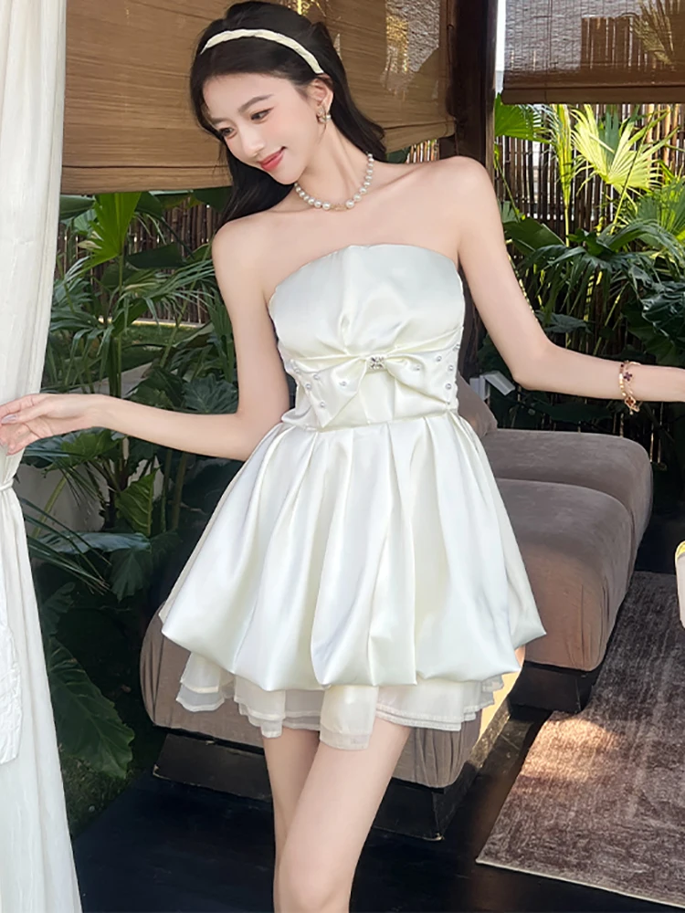 2025 New White Satin Chic Bow Beading Dress Women Elegant Chest Wrapping Sexy Mini Dress Summer Korean Bodycon Birthday Dresses