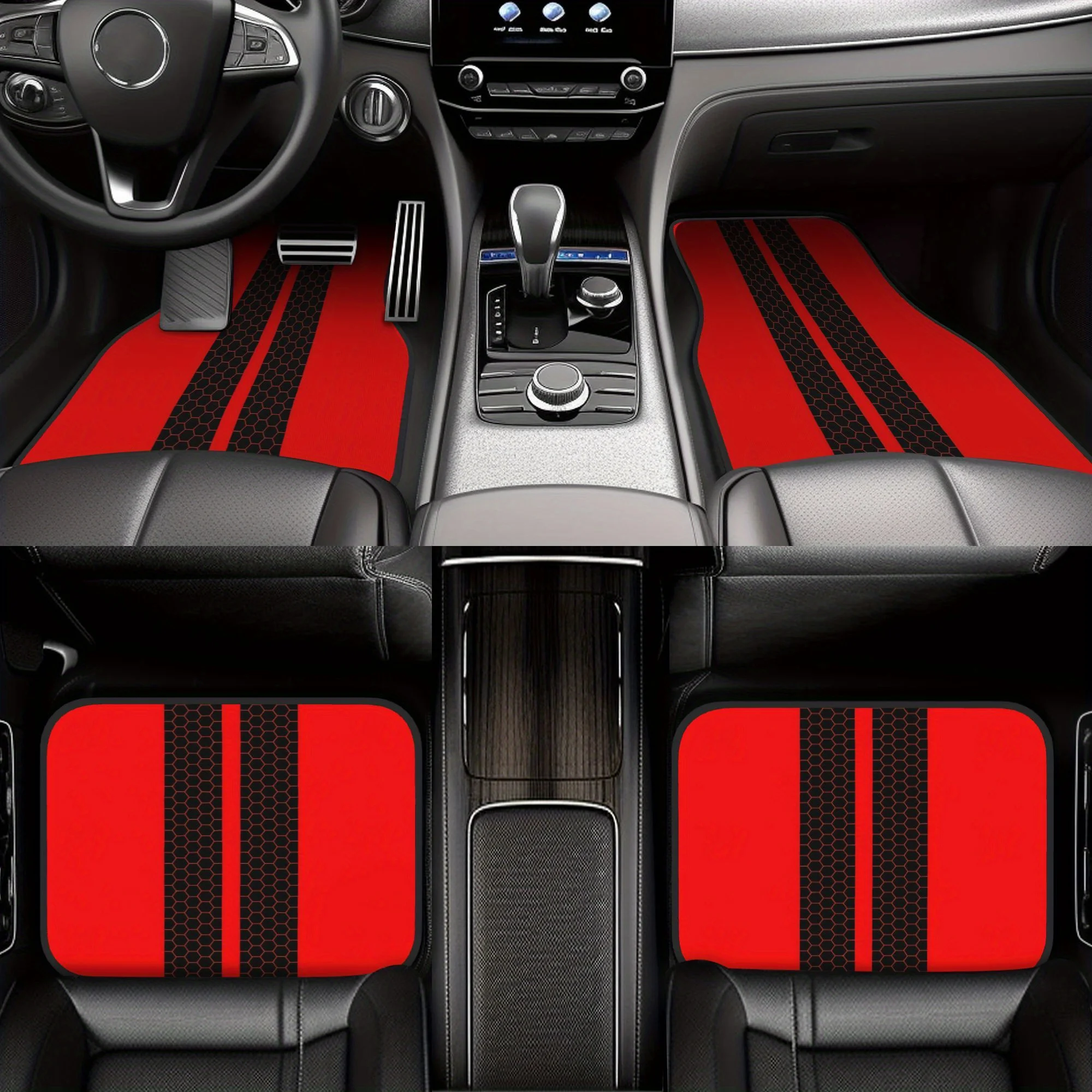 4pcs Dual Racing Stripes, Honeycomb Pattern (Black On Red) Car Floor Mats, Durable Polyester Fiber, Fit For Cars, Ideal Gift, Ve