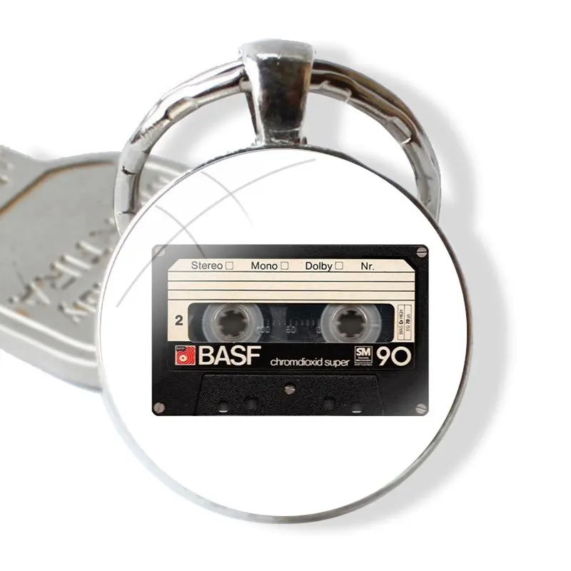 Vintage Tape Cassettes Keychain Handmade Glass Cabochon Key Ring Holder Pendant Key Chains