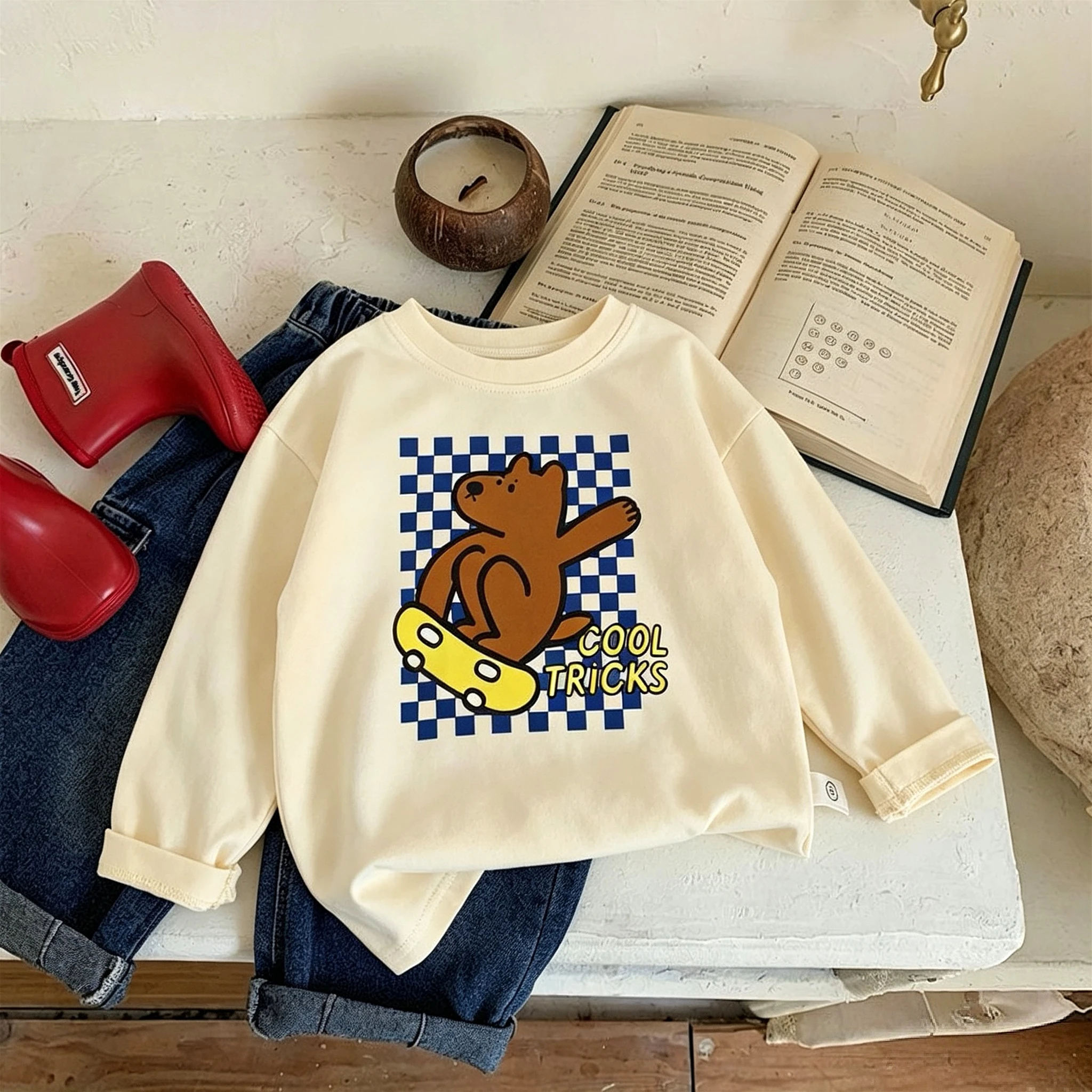 9m-7y Kinderoberteile Frühling Herbst Kinderkleidung Mode Lässiges Langarm-T-Shirt Locker Vielseitige Kinder-Unterhemden – Detail 6