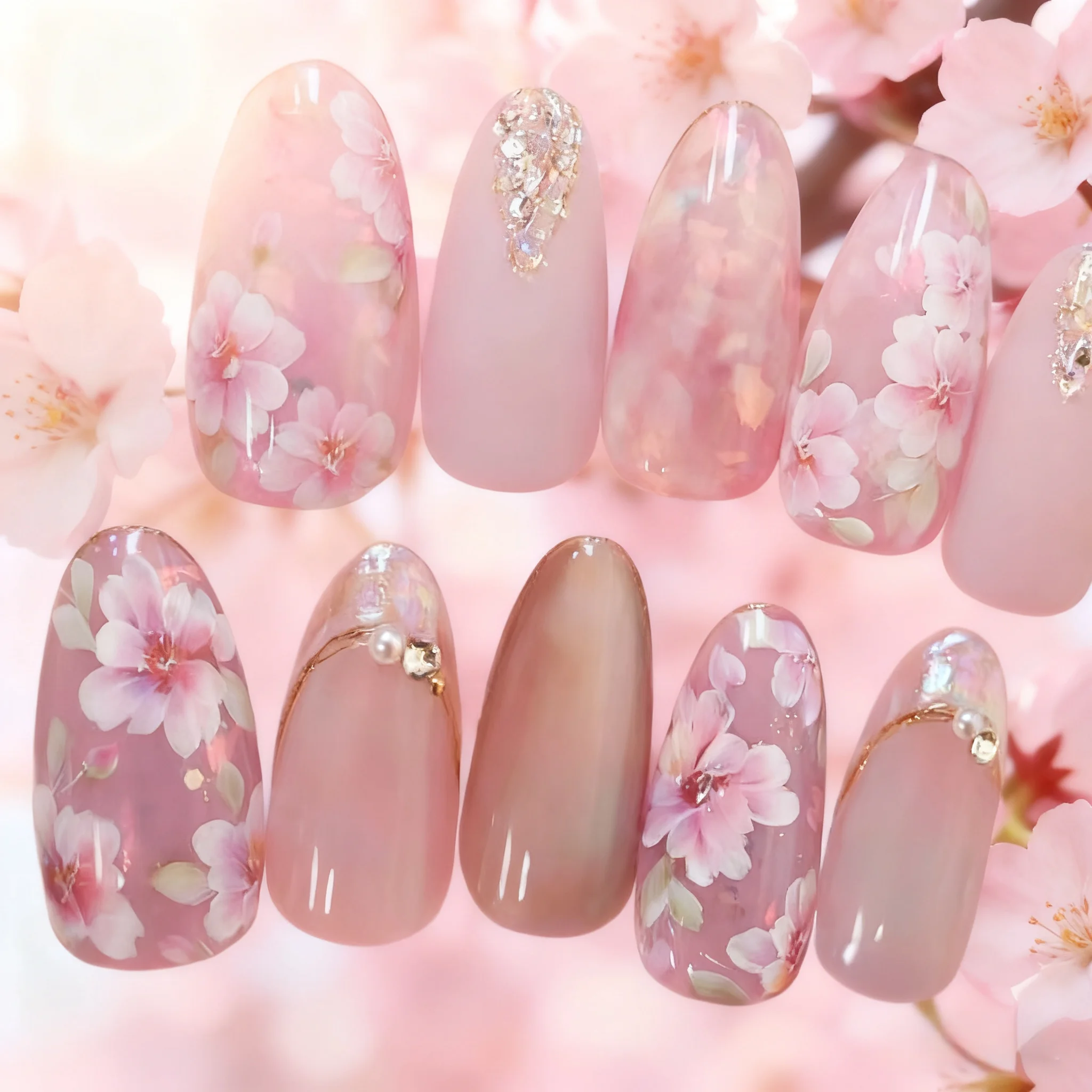 

24Pcs Pink Flowers Press-On Nails Short Almond Tip Glossy&Elegant Full Cover Fake Nails for Women Sweet Style Nails art