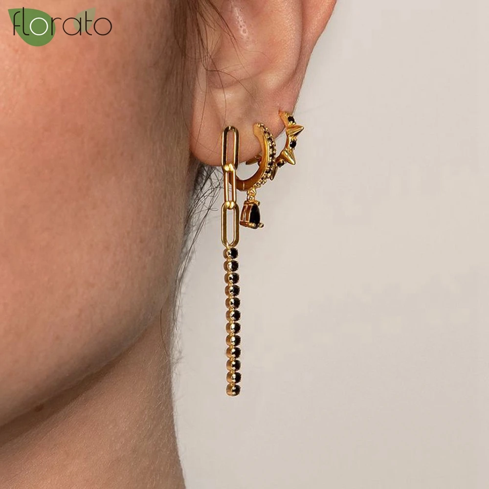 

925 Sterling Silver Needle Luxury Gold Color Long Earrings Sparkling Zircon Pendant Stud Earrings for Women Fashion Jewelry Gift